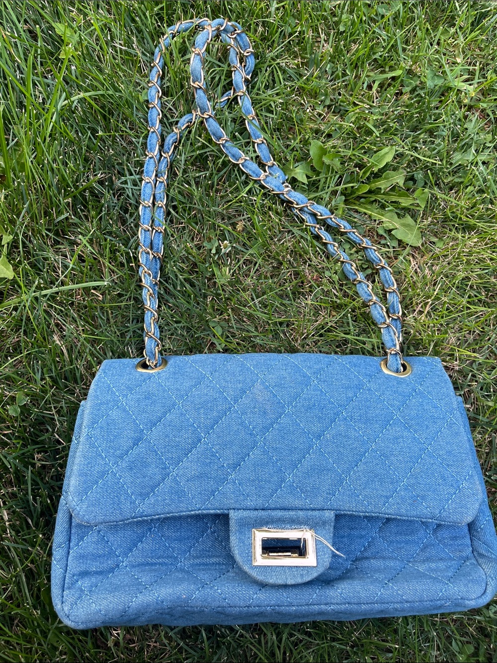 3 am forever Quilted Light Blue Denim Chain-Handle Shoulder Bag